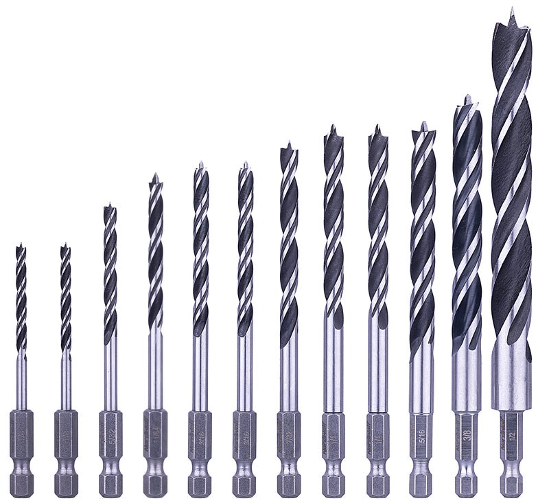 NordWolf 12-Piece Brad Point Wood Drill Bit Set for Carpenter Woodworking, Double Flutes Design with 1/4"" Hex Shank, SAE Sizes 1/8"" to 1/2"" - Image 1
